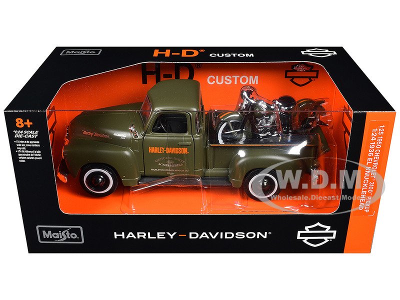 1950 Chevrolet 3100 Pickup Truck "Harley Davidson" Matt Green with 1936 Harley Davidson El Knucklehead Motorcycle Matt Green "HD Custom" Series 1/24 Diecast Model Car by Maisto