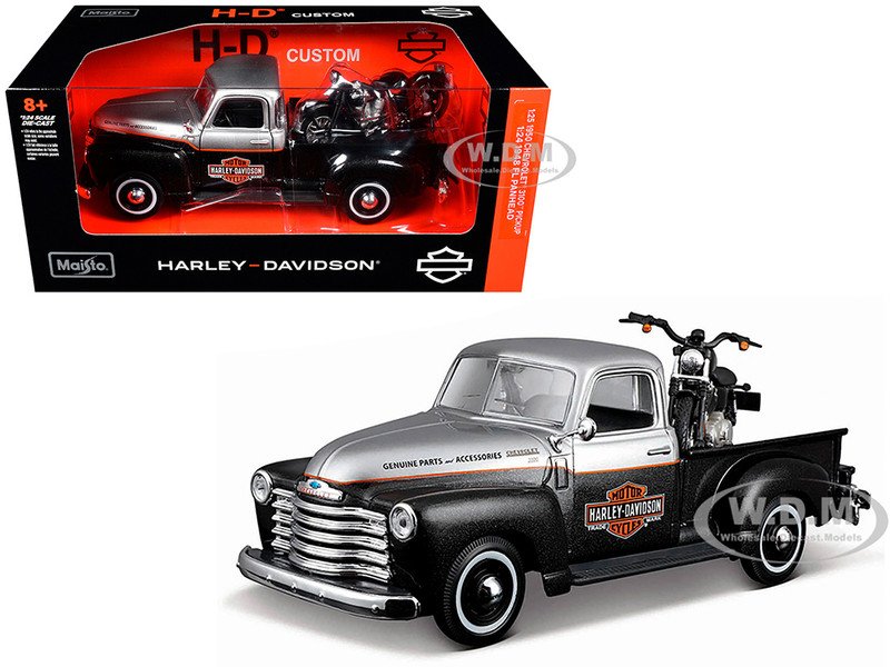 1950 Chevrolet 3100 Pickup Truck "Harley Davidson" Silver Metallic and Black with 1948 Harley Davidson FL Panhead Motorcycle Black "HD Custom" Series 1/24 Diecast Model Car by Maisto